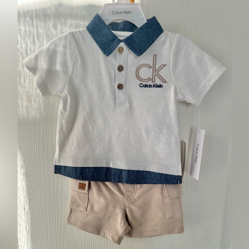 Calvin Klein White and Denim Kids Polo Shirt and Matching Shorts set